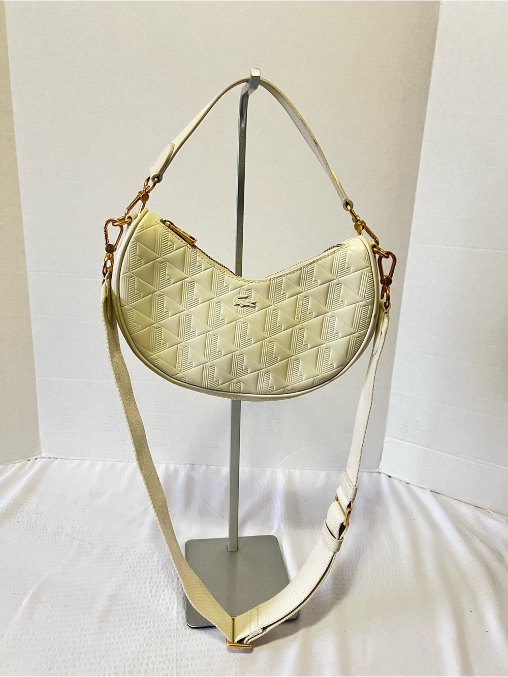 Lacoste Cream Maheki Half-Moon Convertible  Leather Shoulder Bag